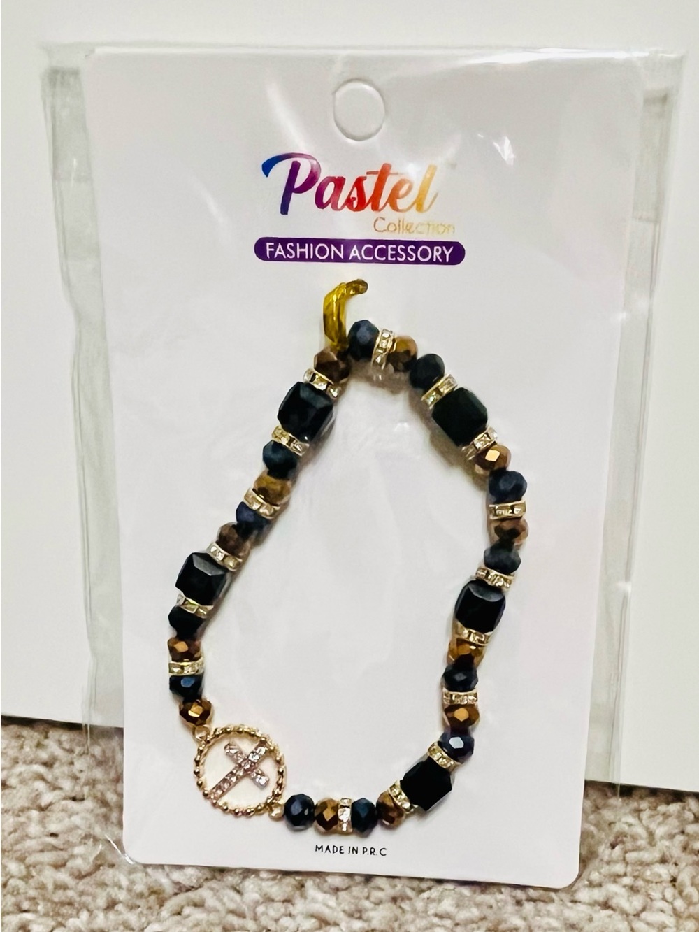 Women's Cross Black and Gold Beaded Bracelet
